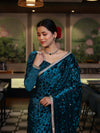 Banarasee Mirror Embroidered Velvet & Tissue Saree-Teal Blue