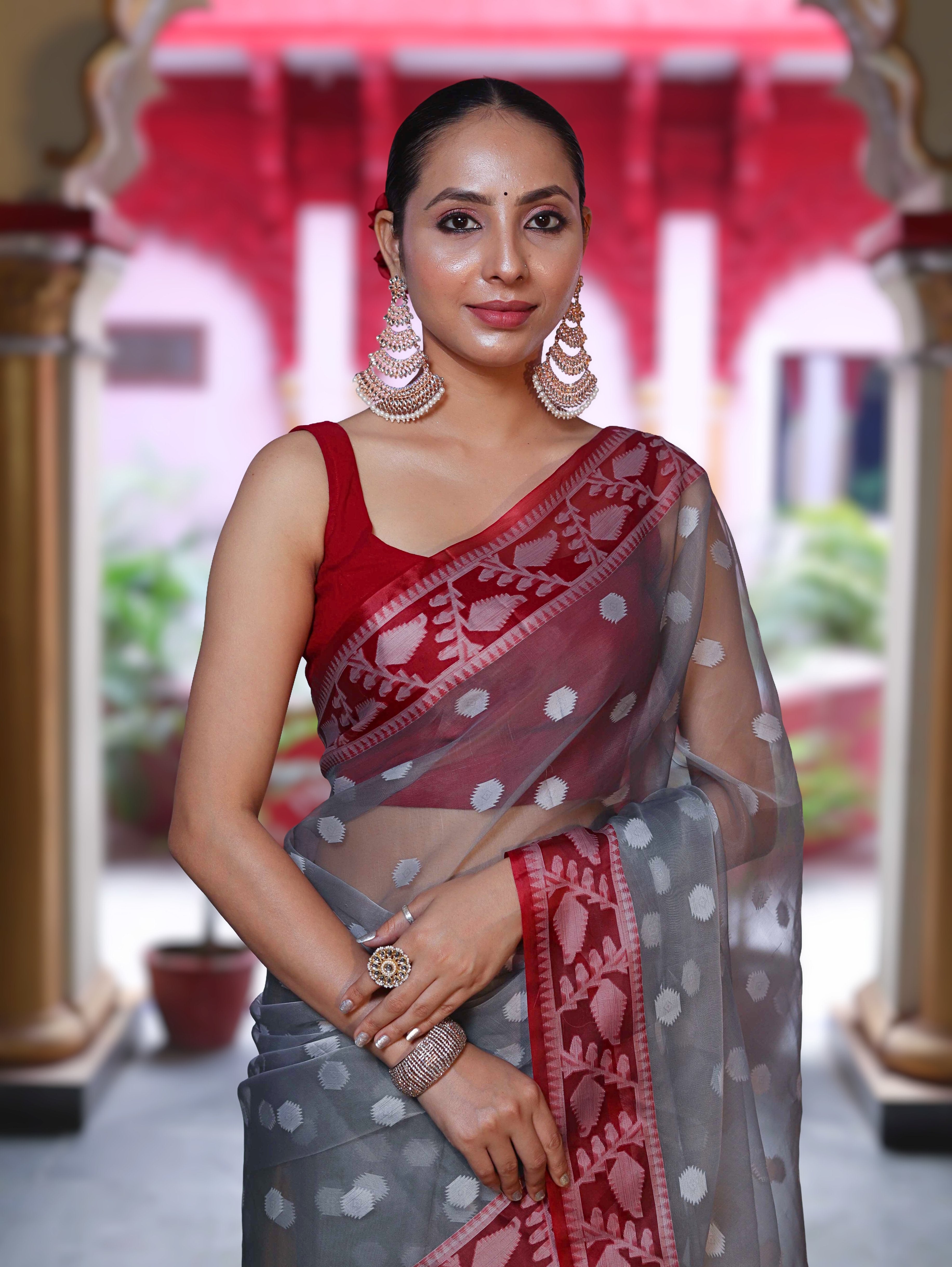 Banarasee Organza Mix Saree With Resham Work & Contrast Border-Grey & Maroon