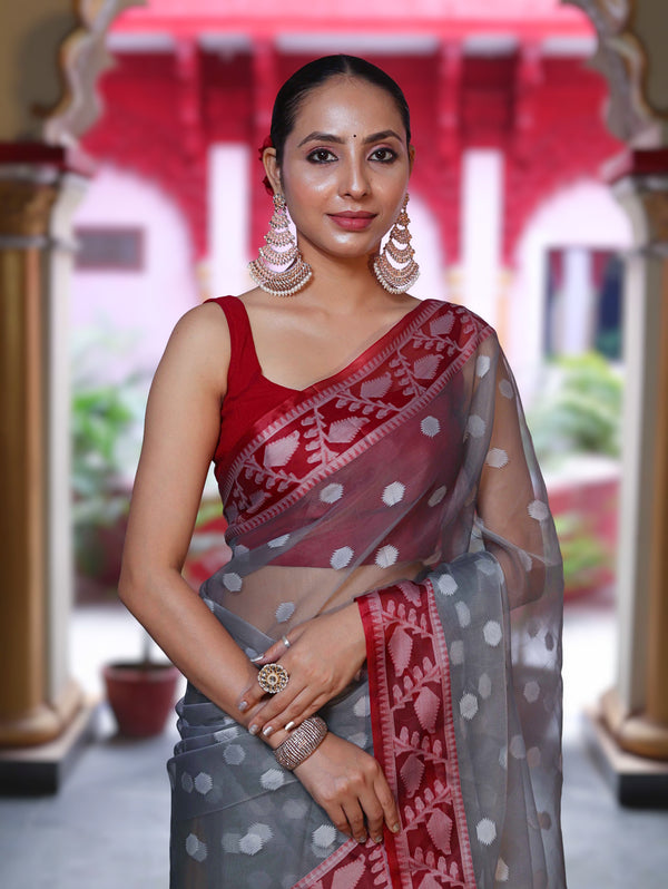 Banarasee Organza Mix Saree With Resham Work & Contrast Border-Grey & Maroon