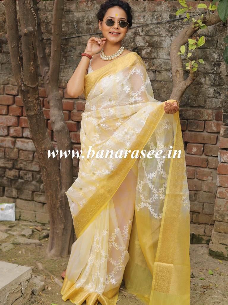 Banarasee Handwoven Organza Silk With Embroidered Saree-White & Yellow