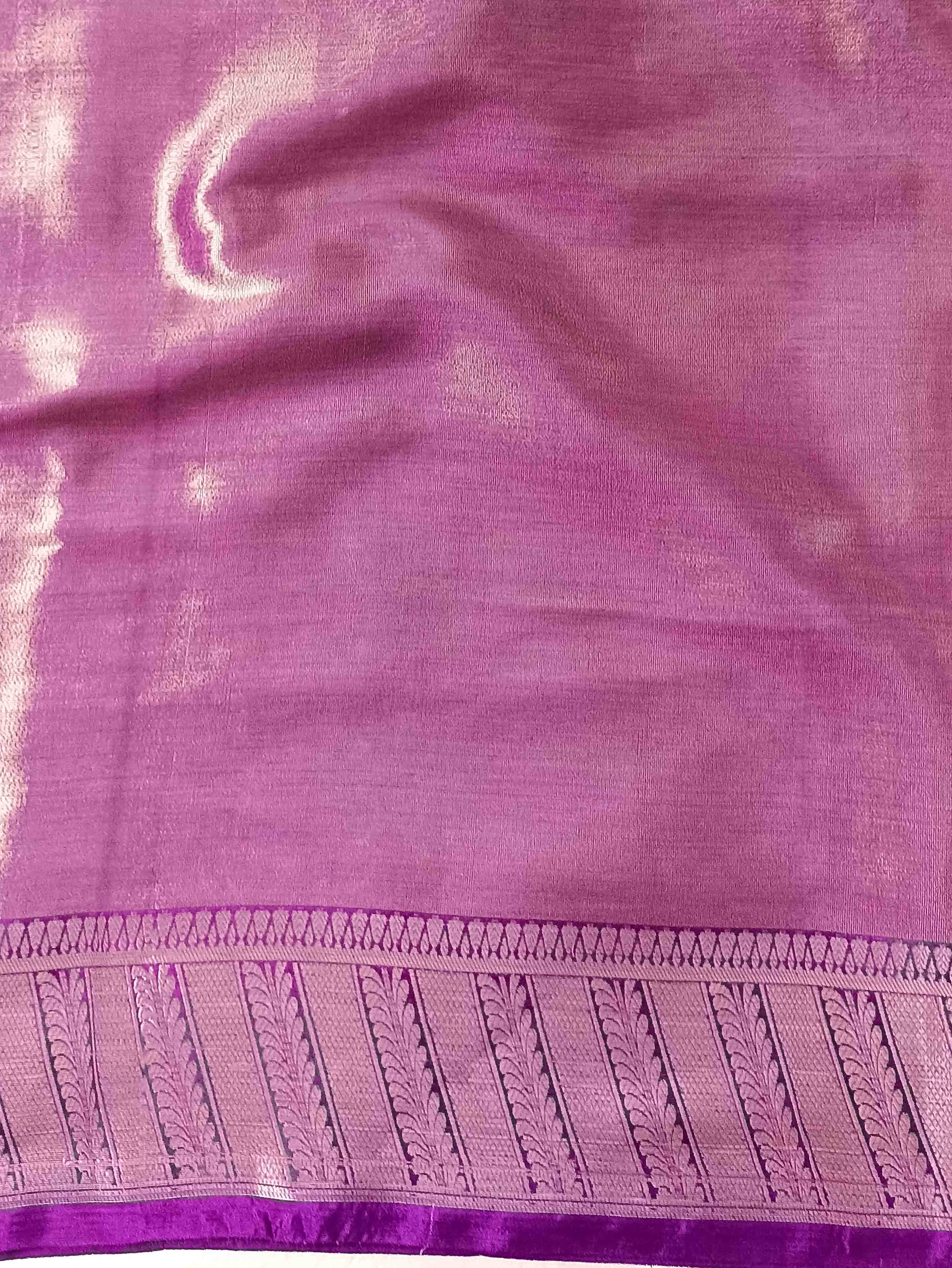 Banarasee Handwoven Tissue Silver Zari Saree-Magenta