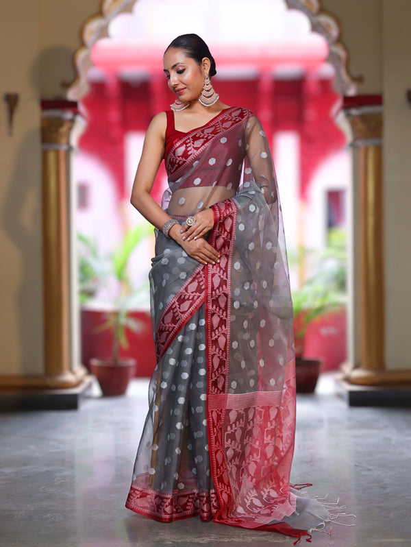 Banarasee Organza Mix Saree With Resham Work & Contrast Border-Grey & Maroon