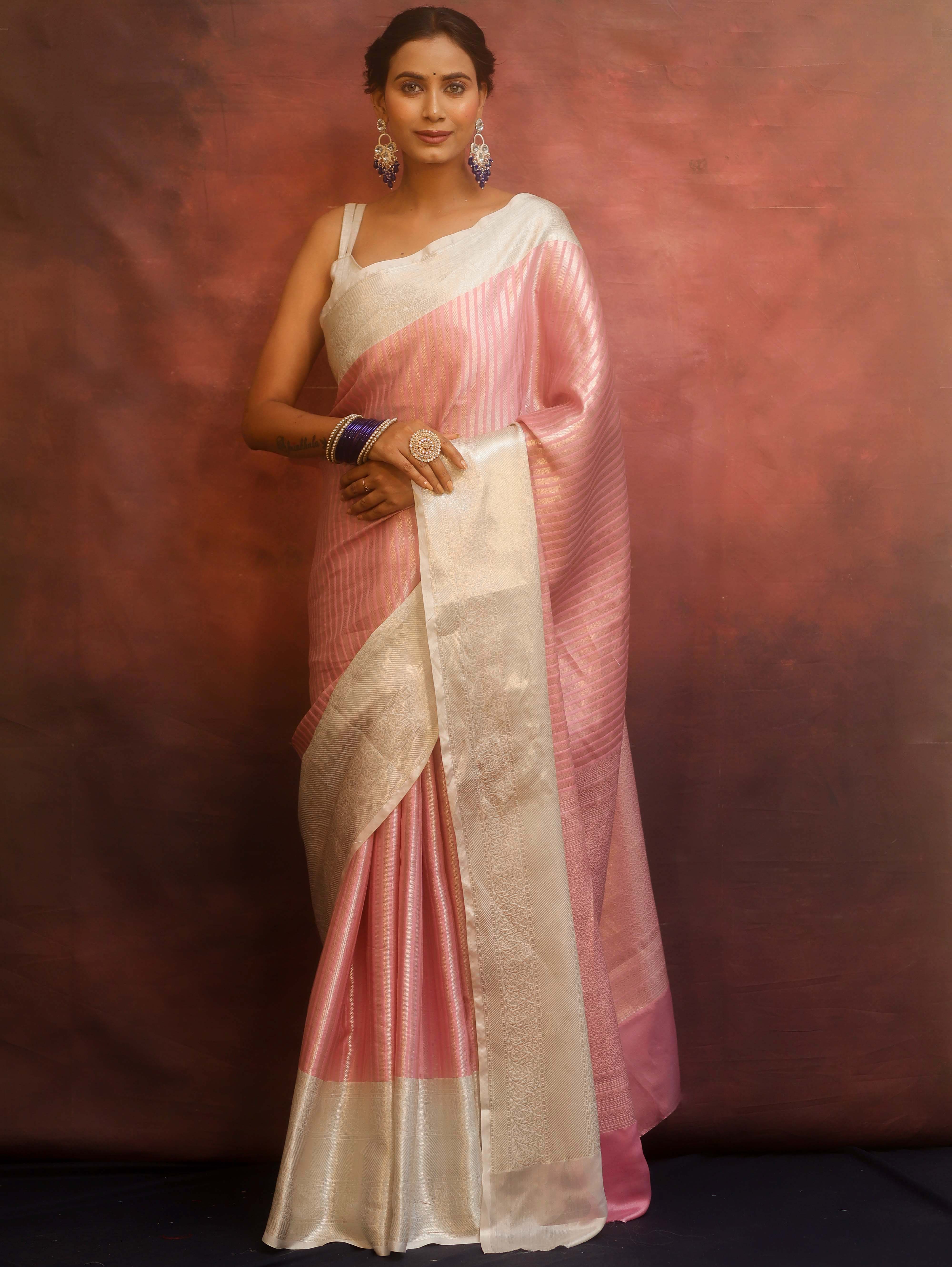 Banarasee Handwoven Tissue Saree With Stripes Zari Design & Broad Broder-Pink & White