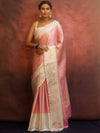 Banarasee Handwoven Tissue Saree With Stripes Zari Design & Broad Broder-Pink & White