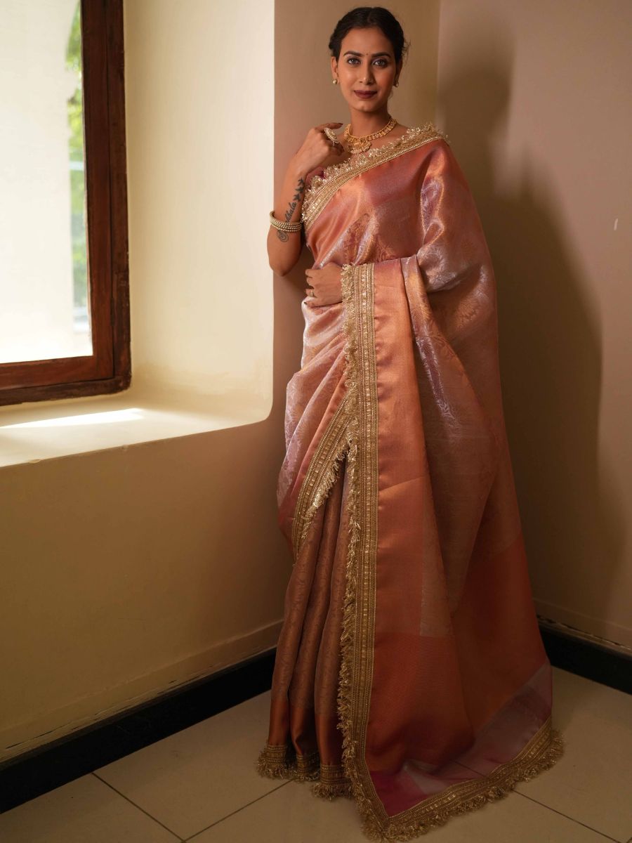 Banarasee Handwoven Tissue Zari Jaal Design Saree With Broder & Lace-Pink