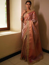 Banarasee Handwoven Tissue Zari Jaal Design Saree With Broder & Lace-Pink