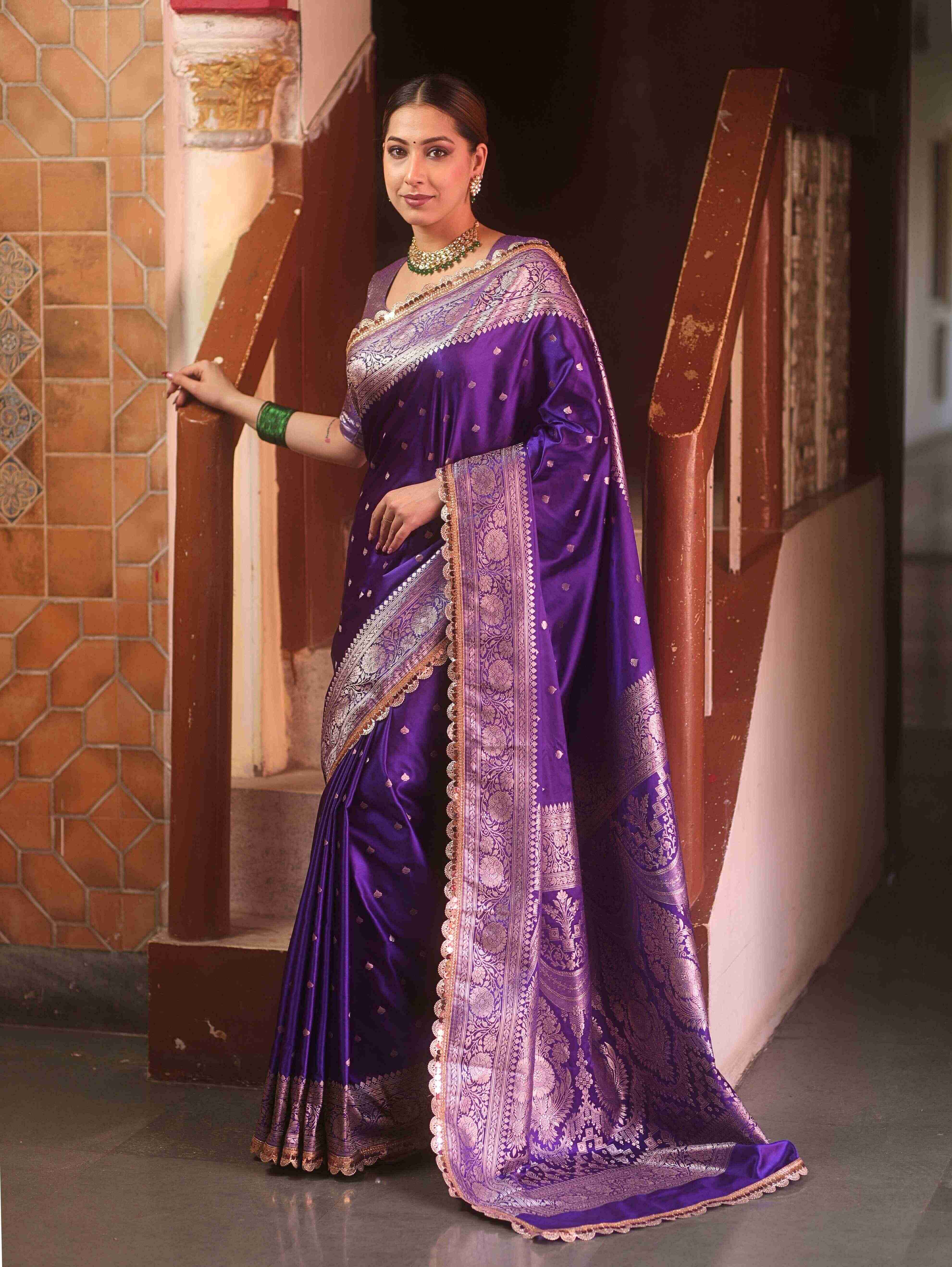 Banarasee Handloom Mashru Silk Saree Zari Border With Lace-Violet