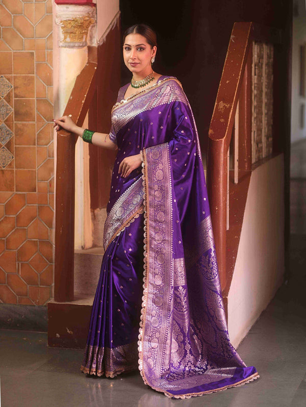 Banarasee Handloom Mashru Silk Saree Zari Border With Lace-Violet