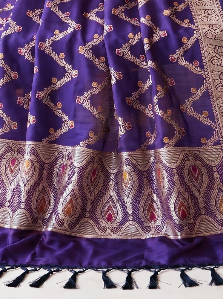 Banarasee Katan Silk Dupatta With Zari Woven Design-Violet