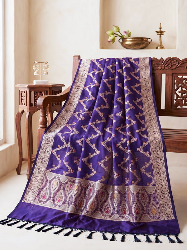 Banarasee Katan Silk Dupatta With Zari Woven Design-Violet