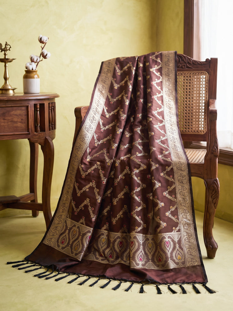 Banarasee Katan Silk Dupatta With Zari Woven Design-Deep Brown