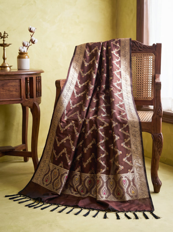 Banarasee Katan Silk Dupatta With Zari Woven Design-Deep Brown