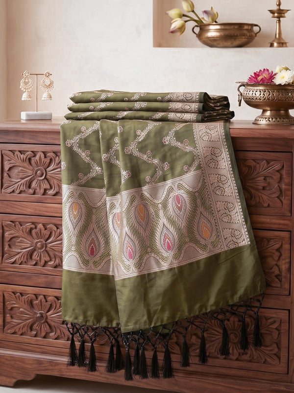 Banarasee Katan Silk Dupatta With Zari Woven Design-Sage Green