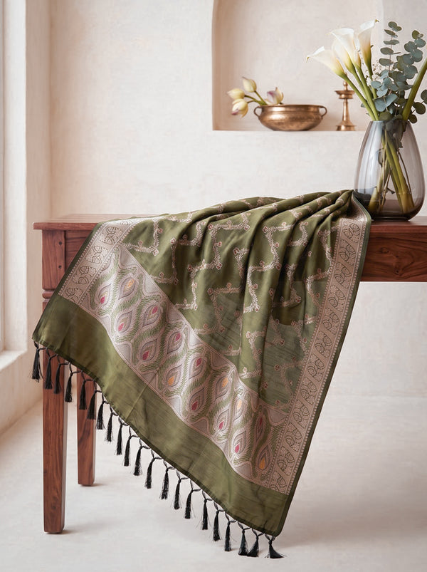 Banarasee Katan Silk Dupatta With Zari Woven Design-Sage Green