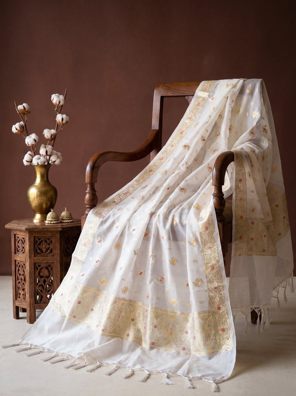 Banarasee Katan Silk Dupatta With Zari Woven Design-White