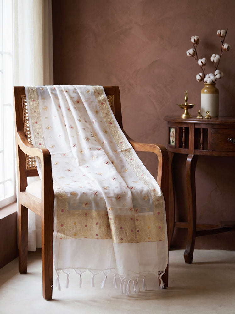 Banarasee Katan Silk Dupatta With Zari Woven Design-White