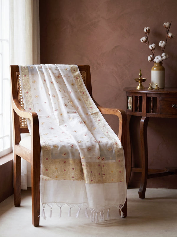 Banarasee Katan Silk Dupatta With Zari Woven Design-White