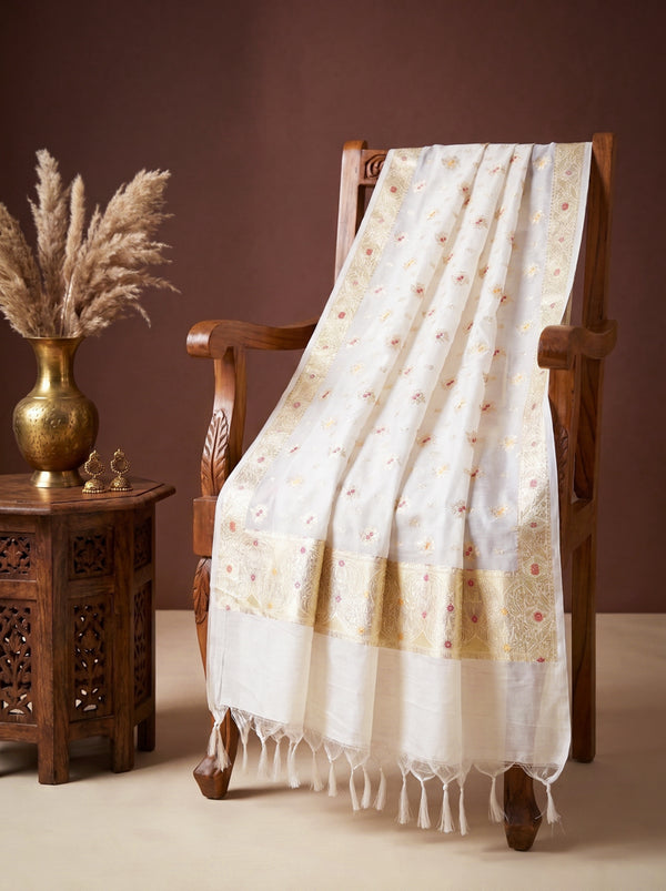 Banarasee Katan Silk Dupatta With Zari Woven Design-White