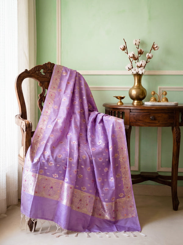 Banarasee Katan Silk Dupatta With Zari Woven Design-Lavender