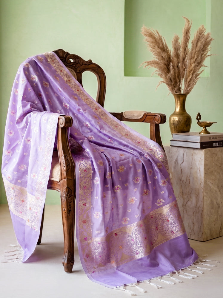 Banarasee Katan Silk Dupatta With Zari Woven Design-Lavender