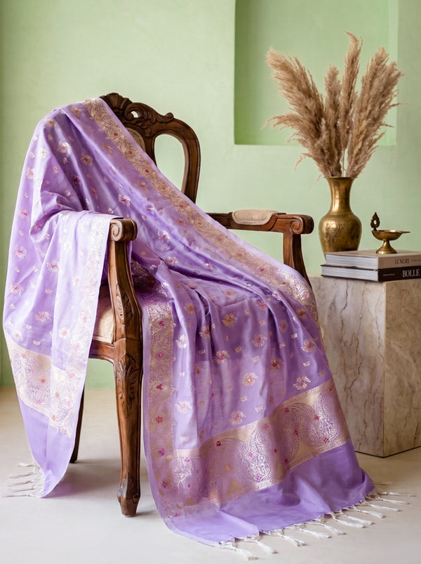 Banarasee Katan Silk Dupatta With Zari Woven Design-Lavender