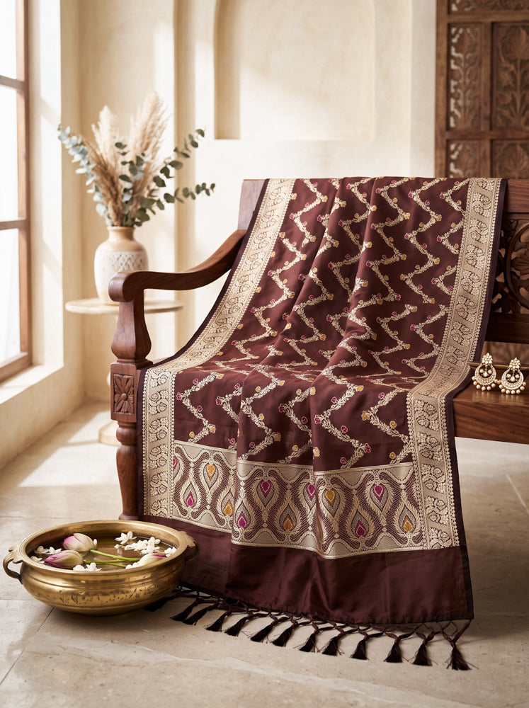 Banarasee Katan Silk Dupatta With Zari Woven Design-Deep Brown