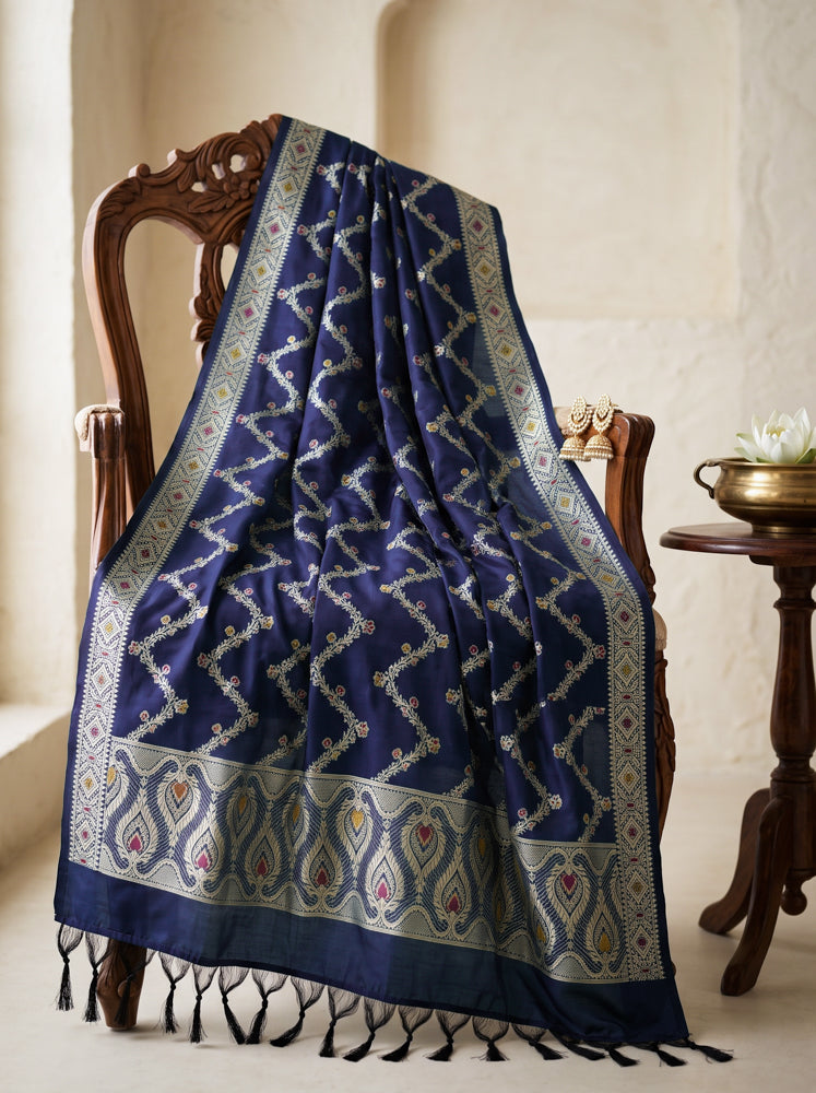 Banarasee Katan Silk Dupatta With Zari Woven Design-Navy Blue