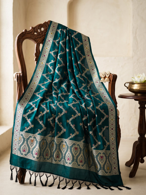 Banarasee Katan Silk Dupatta With Zari Woven Design-Teal Green