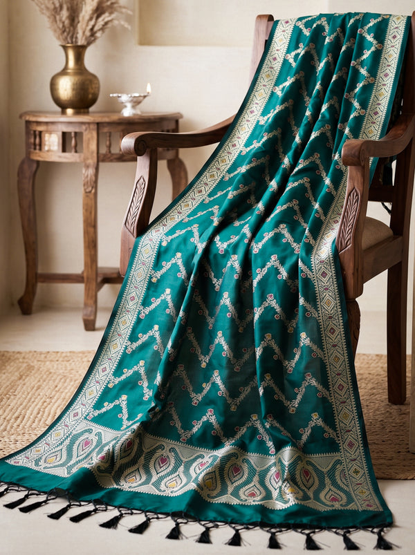 Banarasee Katan Silk Dupatta With Zari Woven Design-Teal Green