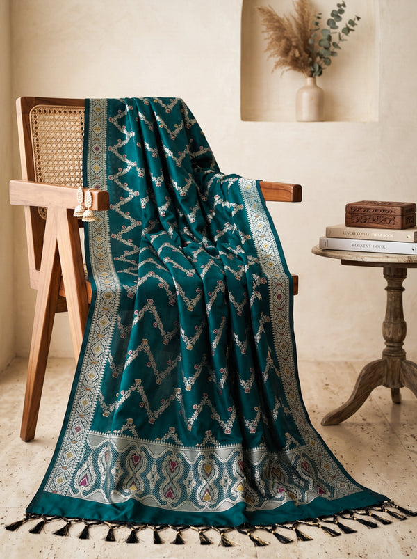 Banarasee Katan Silk Dupatta With Zari Woven Design-Teal Green