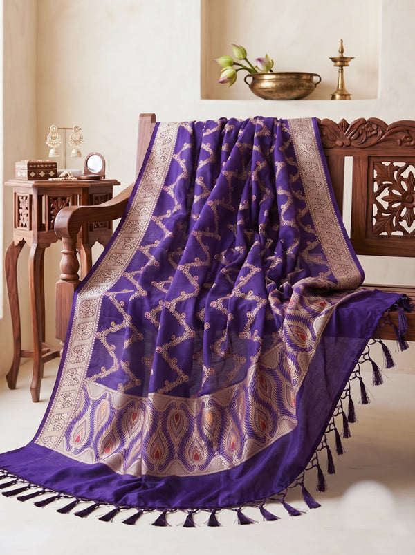 Banarasee Katan Silk Dupatta With Zari Woven Design-Violet