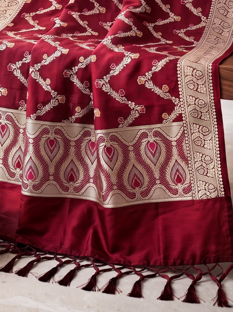 Banarasee Katan Silk Dupatta With Zari Woven Design-Deep Red