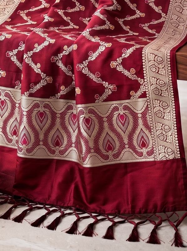 Banarasee Katan Silk Dupatta With Zari Woven Design-Deep Red