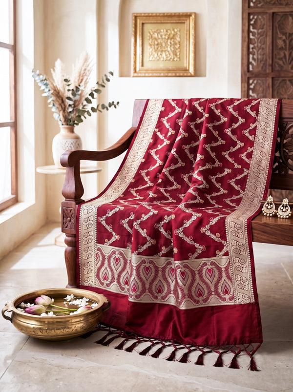Banarasee Katan Silk Dupatta With Zari Woven Design-Deep Red