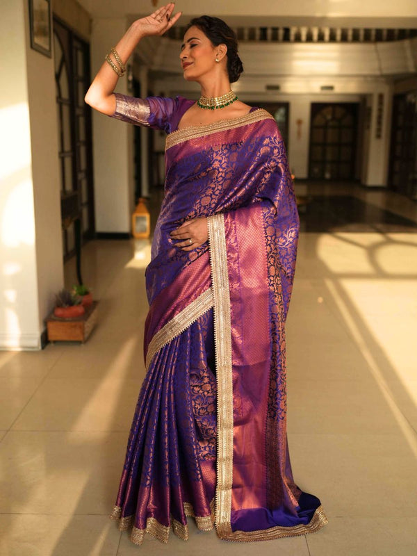 Banarasee Handwoven Tissue Saree With Zari Jaal Design & Border Lace-Blue