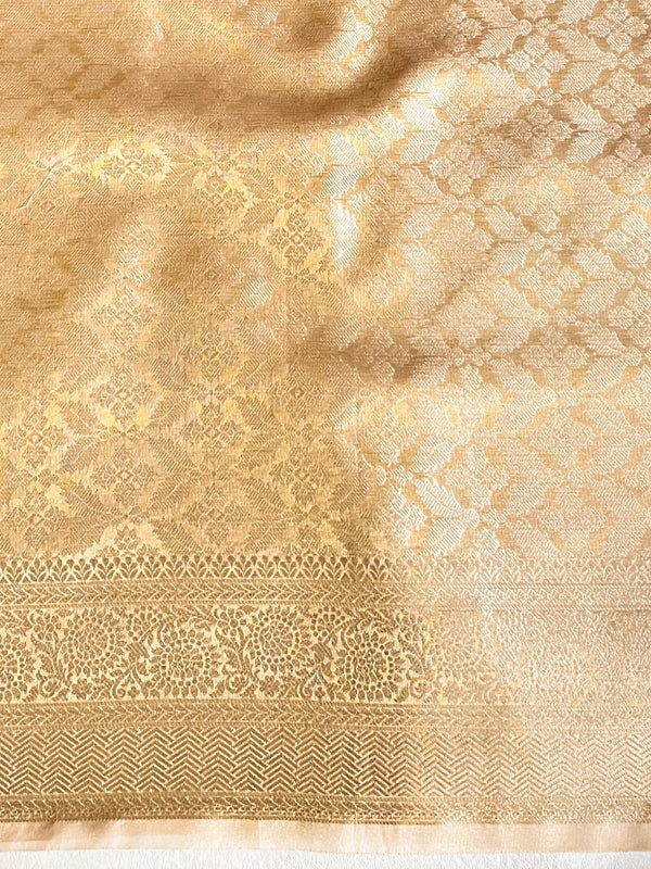 Banarasee Handwoven Tissue Saree With Printed Floral Design-Gold