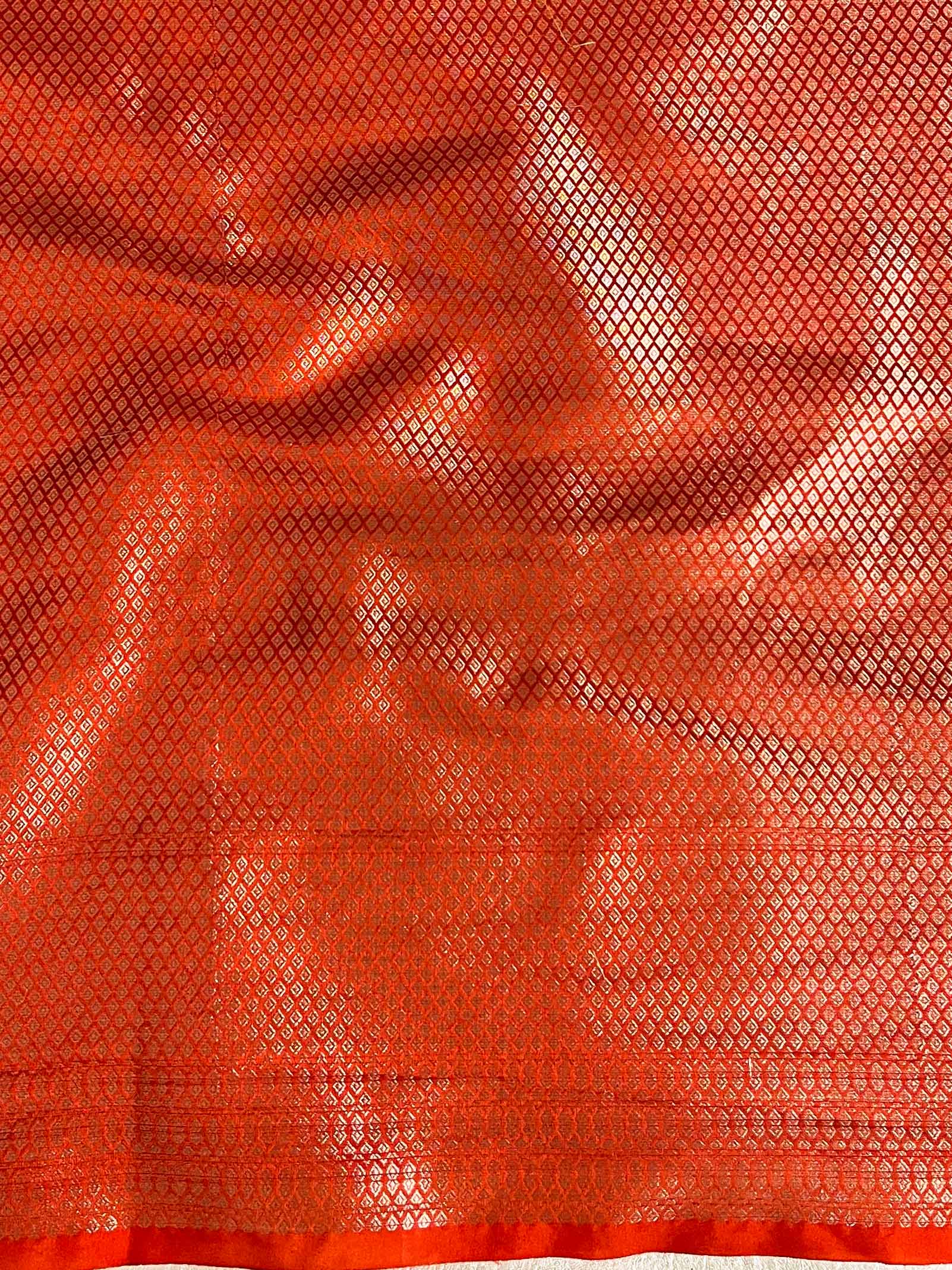 Banarasee Handloom Semi-Dupion Saree With Contrast Border & Gold Zari-Magenta & Orange