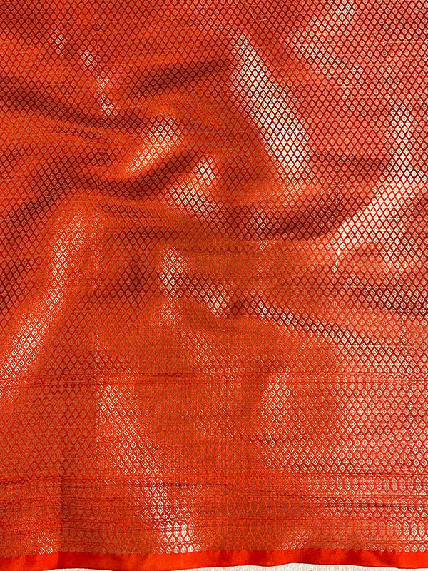 Banarasee Handloom Semi-Dupion Saree With Contrast Border & Gold Zari-Magenta & Orange