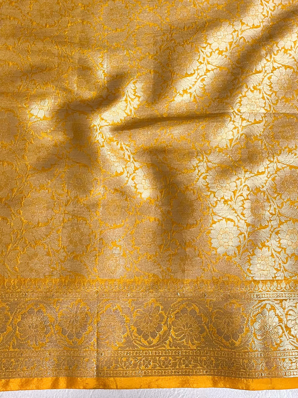 Banarasee Handloom Mirror Work Dupion Saree With Contrast Border-Light Green & Yellow