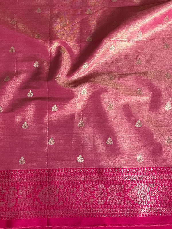 Banarasee Contrast Border Buta Design Tissue Saree-Red & Pink