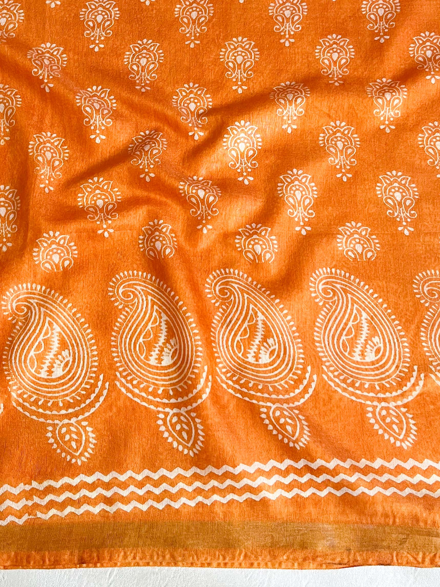 Banarasee Katan-Silk Block Print Saree With Gold Border-Orange