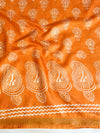 Banarasee Katan-Silk Block Print Saree With Gold Border-Orange