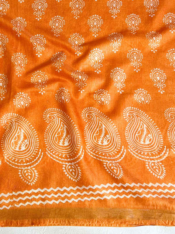 Banarasee Katan-Silk Block Print Saree With Gold Border-Orange