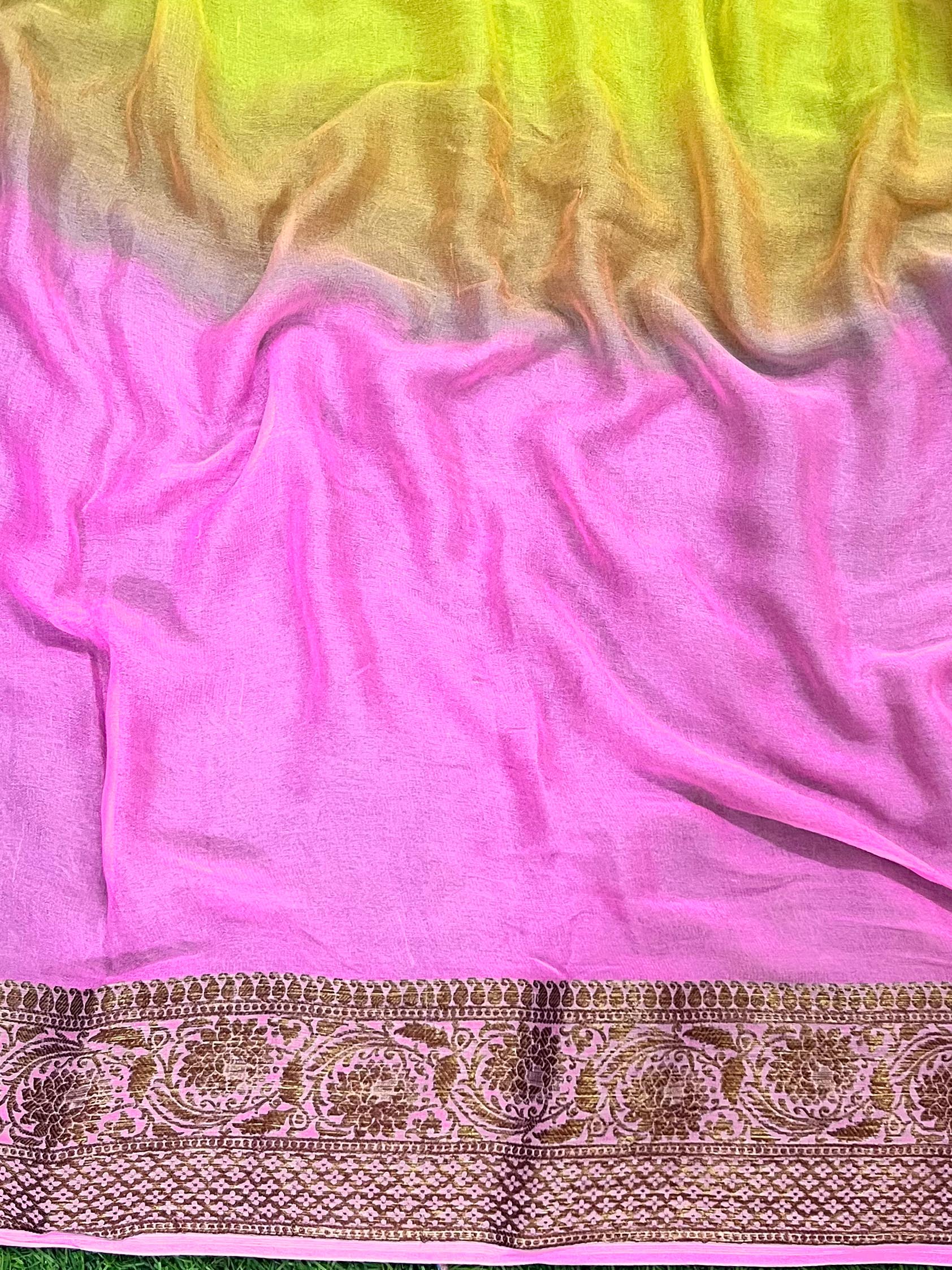 Banarasee Pure Chiffon Saree With Antique Zari Work-Yellow & Pink