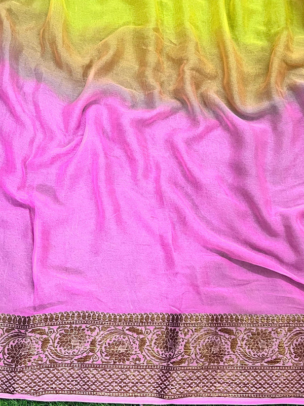 Banarasee Pure Chiffon Saree With Antique Zari Work-Yellow & Pink