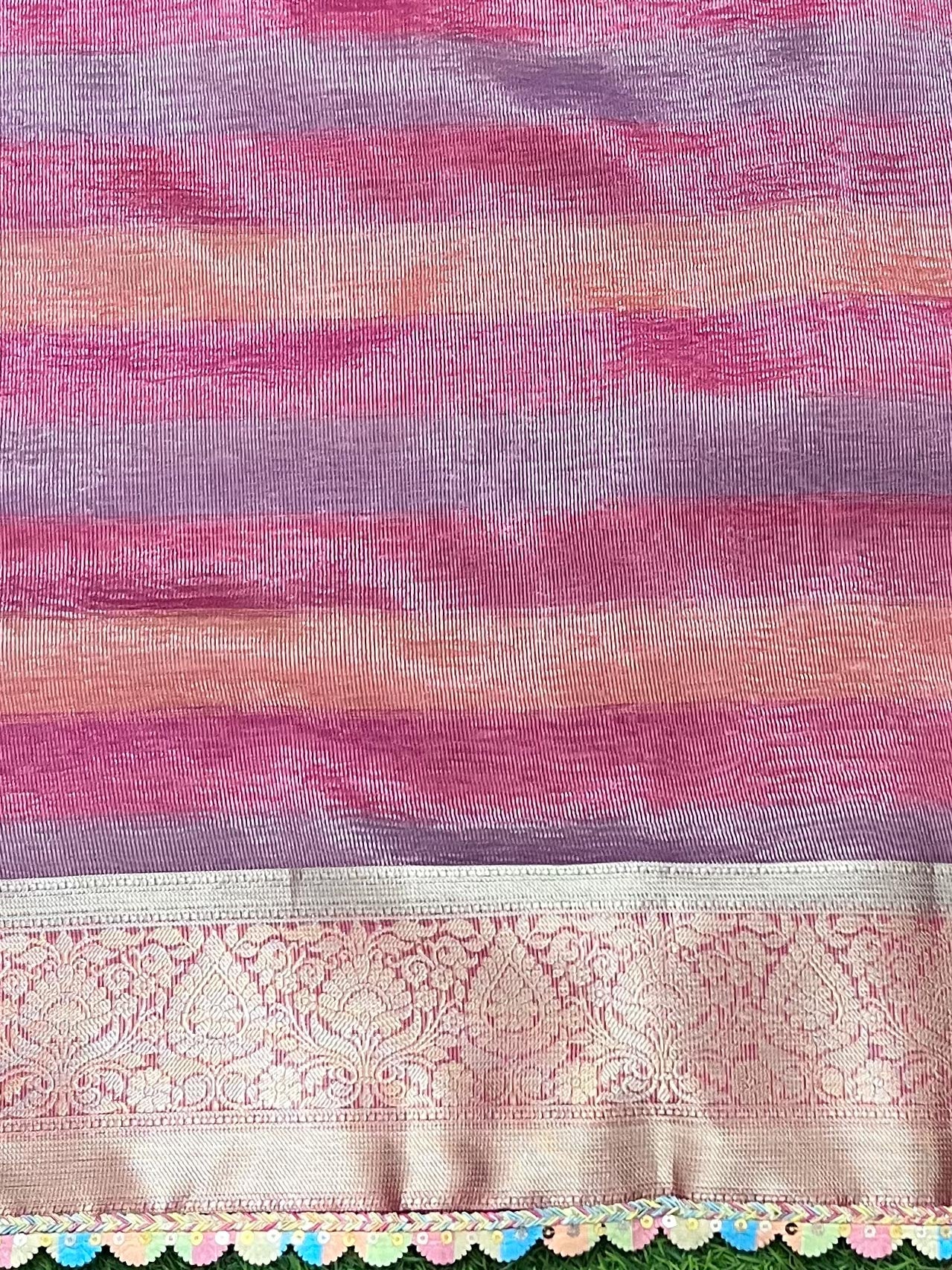 Banarasee Handwoven Crushed Tissue Saree With Lace-Multicolor