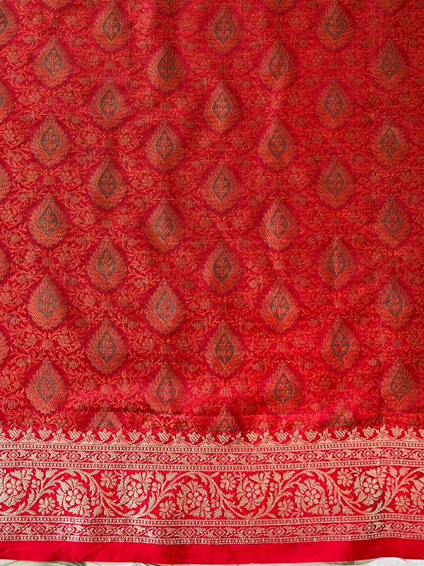Banarasee Handwoven Semi-Katan Tanchoi Weaving Floral Border Saree-Brown & Red