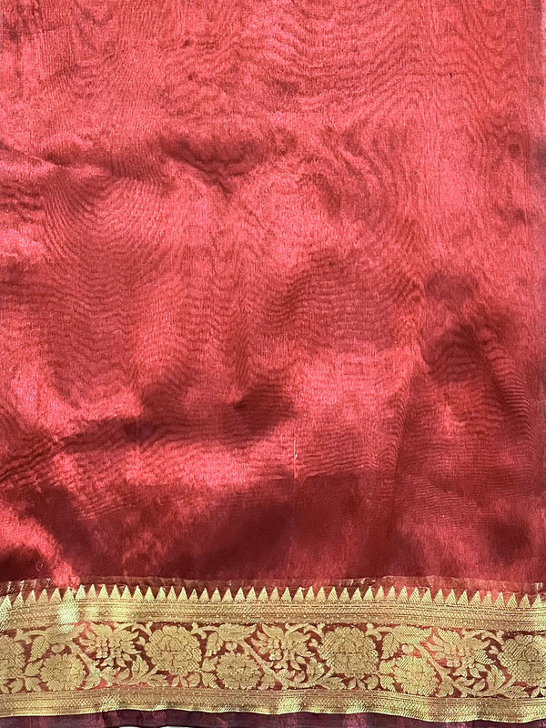 Banarasee Handwoven Plain Tissue Saree Zari Border With Lace-Maroon