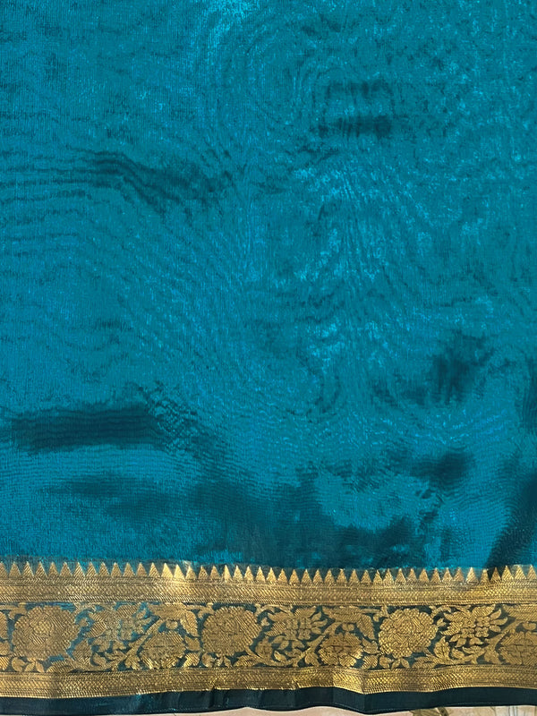 Banarasee Handwoven Plain Tissue Saree Zari Border With Lace-Teal Blue