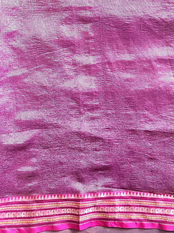 Banarasee Handwoven Plain Crushed Tissue Saree With Contrast Zari Border & Lace-Grey & Pink